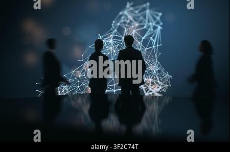 Modern business professionals collaborate and strategize in a high-tech environment, focusing on a dynamic digital network visualization. This image c Stock Photo