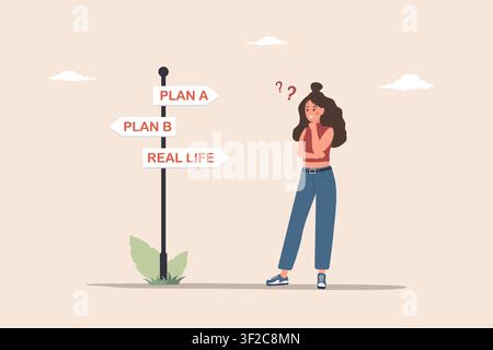 Plan B concept. Woman leader with strategic vision and choice for plan A versus plan B for solving complex business problem. Vector illustration in Stock Vector