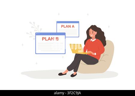Plan B concept. Strategic planning and decision making with woman choosing between plan A and plan B for her business success. Vector illustration in Stock Vector