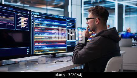 Young Cybersecurity Analyst Monitors Network Threats In Real-time Using Advanced Software Tools. Stock Photo