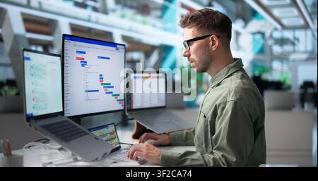 Man Reviews Project Tasks On Laptop While Checking Digital Kanban Board. Stock Photo