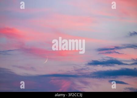 Crescent moon among pink streaked clouds against pastel sky Stock Photo