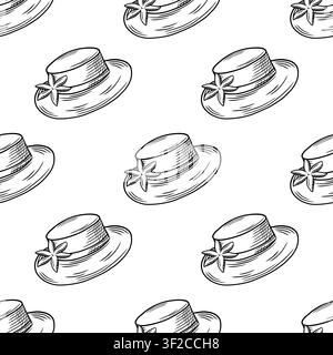 Summer seamless pattern, hand-drawn, for fabric, tourism, and factories. Coconut, sea, beach, drinks. Stock Vector