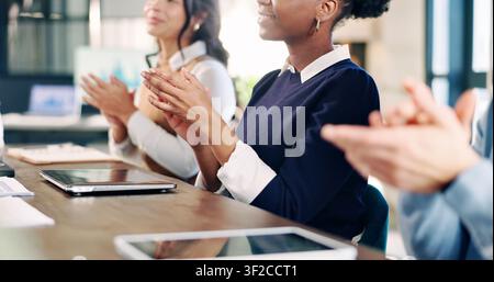 Team, hands and applause for success in meeting, good news and celebration for financial development. Business, achievement and happy people with Stock Photo