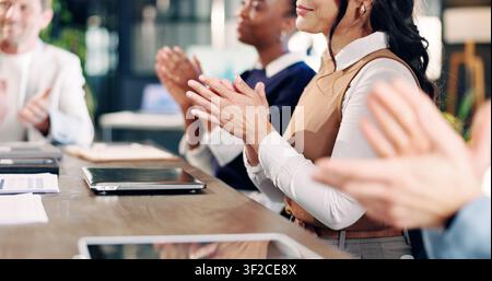 Team, hands and applause for success in office, good news and celebration for financial development. Business, achievement and happy people with Stock Photo