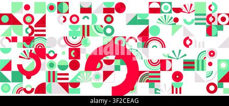 Geometric Shapes Pattern Design, Abstract Bauhaus Background, Circle Square Rectangle Geomatry Pattern. Vibrant Pink Red Turquoise Color BG, Modern Stock Vector