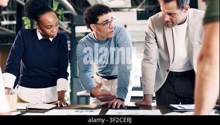 Meeting, teamwork and business people in office with documents for finance report with planning. Collaboration, discussion and financial advisors with Stock Photo