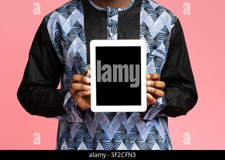 Digital tablet with empty screen in black man hands Stock Photo