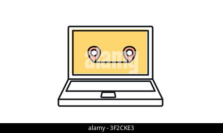 Laptop route tracking icon: portable notebook computer displaying two location pins with distance route line on screen, modern offset color line art v Stock Vector