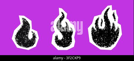 Doodle crayon fire in cut paper. Hand drawn flame with grunge texture. Graphic element ideal for collages and stickers. Crayon doodle fun fire. Vector Stock Vector