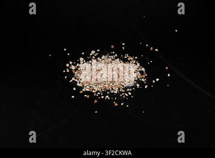Broken Egg Shell Isolated, Crushed Eggshell, Calcium Supplement, Cracked Eggshells, Natural Compost Ingredient, Broken Egg Shells Pile on Black Backgr Stock Photo