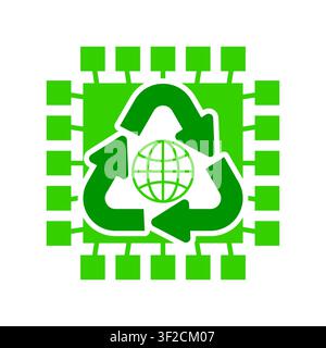 This vibrant design showcases a green technology symbol featuring a recycling logo against a circuit board backdrop, emphasizing sustainability and in Stock Vector