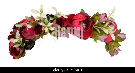 Red rose flowers in a beautiful artificial wreath isolated on white Stock Photo