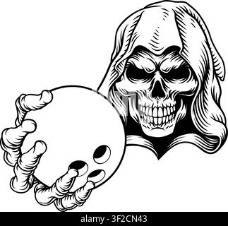 A grim reaper or death skeleton sports team or Halloween event mascot holding a bowling ball Stock Vector