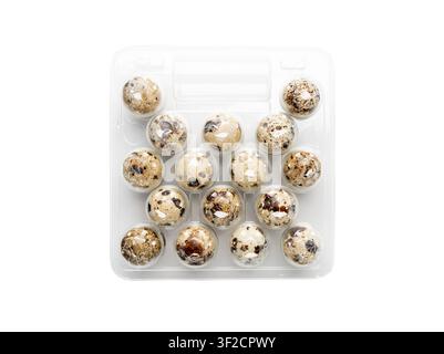 Quail Eggs in Plastic Packaging Isolated, Diet Egg Group, Healthy Breakfast, Natural Organic Nutrition, Salad Ingredient Spotted Quail Egg on White Ba Stock Photo