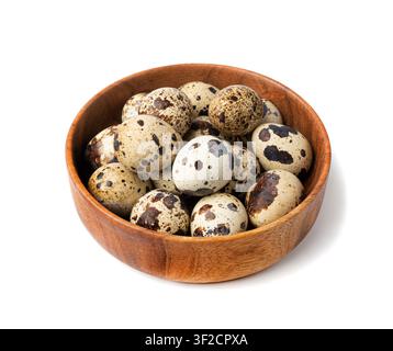 Quail Eggs Isolated, Diet Egg in Bowl, Healthy Breakfast, Natural Organic Nutrition, Salad Ingredient Spotted Quail Egg on White Background Stock Photo