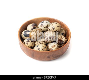 Quail Eggs Isolated, Diet Egg in Bowl, Healthy Breakfast, Natural Organic Nutrition, Salad Ingredient Spotted Quail Egg on White Background Stock Photo