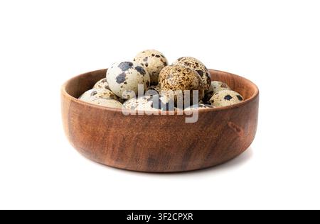 Quail Eggs Isolated, Diet Egg in Bowl, Healthy Breakfast, Natural Organic Nutrition, Salad Ingredient Spotted Quail Egg on White Background Stock Photo