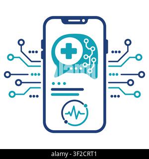 Smartphone interface with medical cross inside a speech bubble, heart rate monitor, and circuit board patterns in blue and teal colors Stock Vector