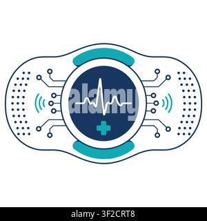 Wearable medical sensor device with heart rate pulse line, cross symbol, and circuit board patterns in blue and teal on white background Stock Vector