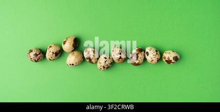 Quail Eggs, Diet Egg Group, Healthy Breakfast, Natural Organic Nutrition, Salad Ingredient Spotted Quail Egg on Green Background Stock Photo