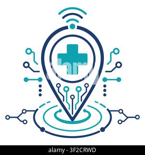 Digital medical location pin with a cross symbol, wireless signal waves, and circuit board patterns in blue and teal on white background Stock Vector