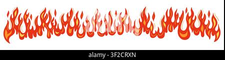 Fire flame frame cartoon illustration. Hand drawn fire wall, border, hot frame burning isolated vector. Hot blaze symbols, sticker for car tattoo, gas, grill symbol graphic design Stock Vector