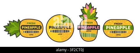 Pineapple fruit barcode label set. Trendy retro badges with organic fresh quality tag for supermarket, farm shop and grocery store packaging. Cartoon flat sticker tropical design. Vector illustration Stock Vector