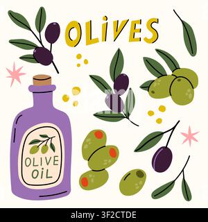 Hand Drawn Olive Collection with Olive Oil Bottle Stuffed and Black Olives Stock Vector