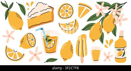 Hand Drawn Lemon Dessert and Drinks Illustration Set Stock Vector