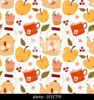 Autumn Cozy Teapot and Apple Seamless Pattern Design Stock Vector
