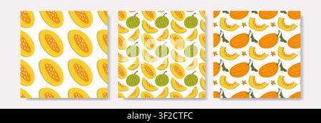 Melon Seamless Pattern Set with Fresh Fruit Slices Stock Vector