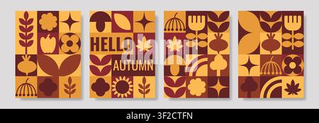 Autumn Geometric Poster Set with Abstract Folk Art Shapes Stock Vector