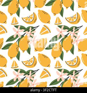 Fresh Yellow Lemon and Blossom Seamless Pattern Background Stock Vector