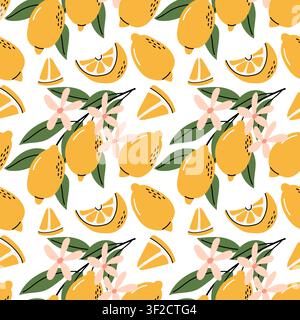 Fresh Yellow Lemon and Blossom Seamless Pattern Background Stock Vector
