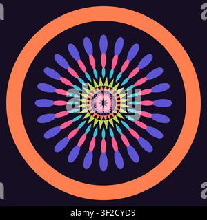 A radial burst of petals and rings in bright colors on a dark background. It features intricate details and a balanced composition that creates an ene Stock Vector