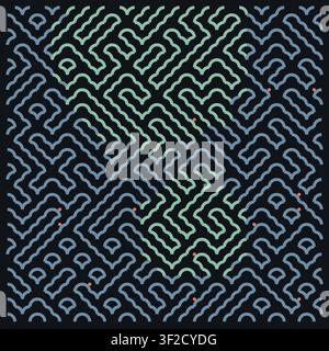 This design features a grid of quarter-circle arcs that connect into maze-like shapes. The tile pattern is presented on a dark backdrop, creating a te Stock Vector
