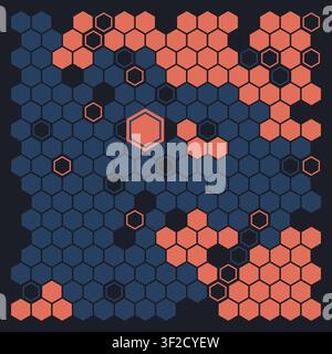 This design features a honeycomb grid where hexagons alternate between two colors, creating organic clusters with some outlined cells. This layout is Stock Vector