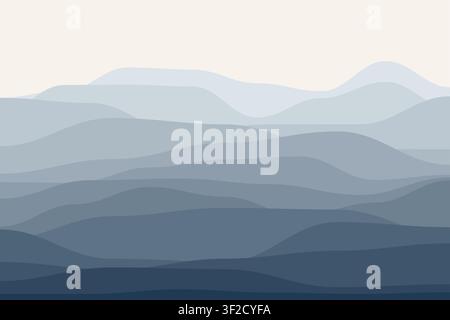 This artwork features stacked horizontal wave bands in flat colors, representing terraced landscape contours. The design includes a range of blue hues Stock Vector