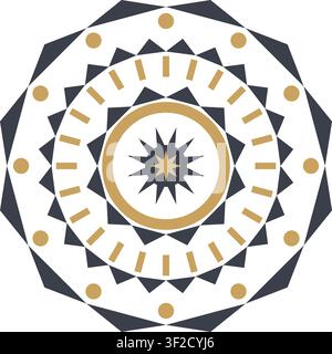 This design features a circular medallion composed of concentric rings, scalloped edges, and radial segments. It is set on a transparent background fo Stock Vector