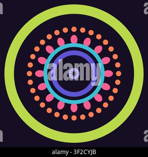 This design features a vivid mandala with radial symmetry, displaying an explosion of petals, rings, and rays in psychedelic colors on a deep violet b Stock Vector