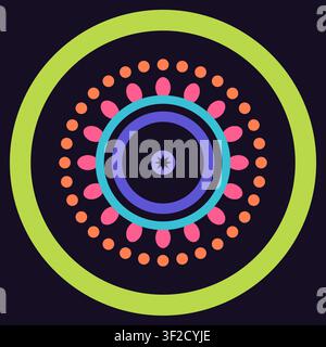 This design features a vivid mandala with radial symmetry, displaying an explosion of petals, rings, and rays in psychedelic colors on a deep violet b Stock Vector
