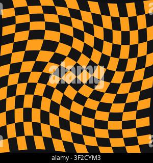 A checkerboard pattern that is warped and distorted, creating a psychedelic effect. The design features bold black and orange colors in a groovy layou Stock Vector
