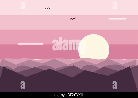 A large sun rising above silhouettes of mountains and hills in a warm color scheme. The design features minimal detail and stacked layers in a flat st Stock Vector
