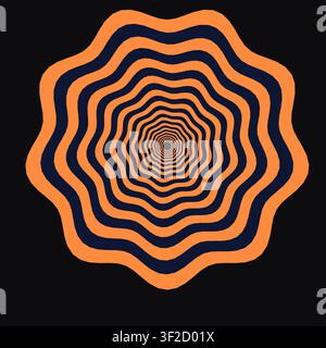 Concentric warped rings forming a vortex that twists toward the center. The design features alternating high-contrast colors that create an optical il Stock Vector