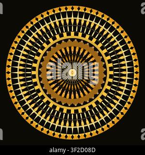 This design features a decorative mandala with concentric rings of floral shapes and geometric patterns. The artwork uses flat colors on a deep black Stock Vector