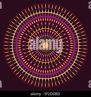 A decorative mandala featuring concentric circles of petals, rays, and dots radiating from a central flower-star core. It uses flat colors on a deep b Stock Vector