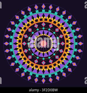 This artwork displays an ornate, symmetrical mandala featuring concentric rings of floral and geometric shapes in flat, saturated colors on a deep bac Stock Vector