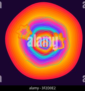 This design features a bold psychedelic swirl of concentric circles in bright, glowing rainbow bands that seem to melt into liquid shapes. The motion Stock Vector