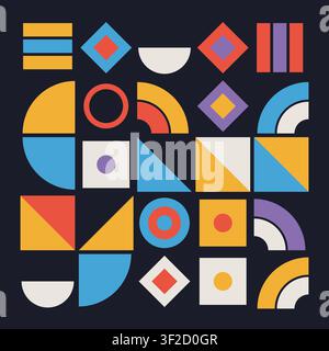 This artwork features a modern geometric arrangement of shapes including circles, triangles, and rectangles. The composition uses a variety of bold co Stock Vector
